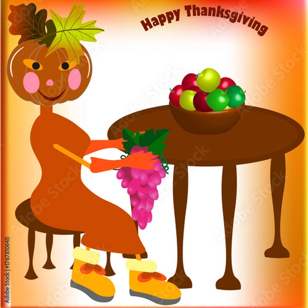 Obraz Thanksgiving. Abstract. A pumpkin in a dress and gloves sits on a chair and holds a bunch of grapes.
