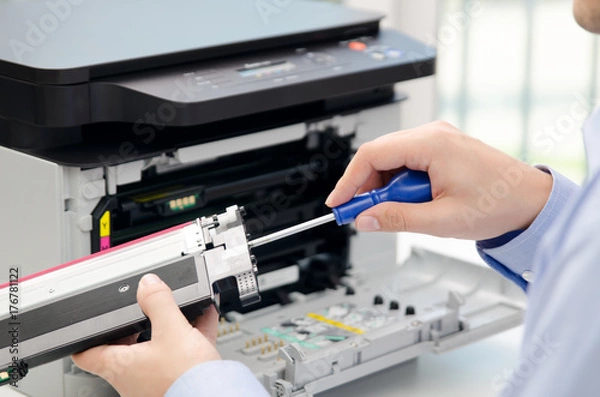 Obraz Mężczyzna naprawiający toner do drukarki laserowej