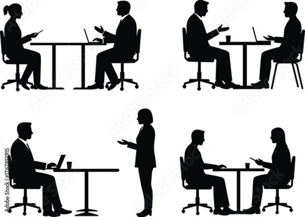 Fototapeta Business silhouettes, professional meeting, office teamwork, corporate discussion, workplace interview, seated communication, vector sketch, career design, dialogue concept, formal interaction