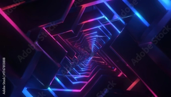 Fototapeta Futuristic neon corridor with glowing lines of blue and pink lights forming an endless geometric tunnel effect. Generative AI.