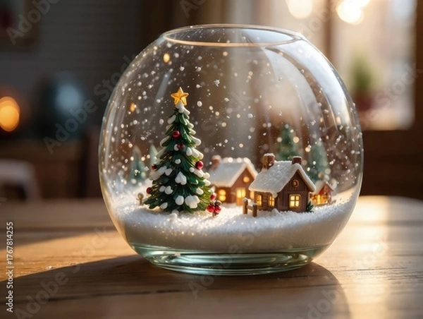 Fototapeta Close-up of snow globe with miniature winter village and Christmas tree inside, glowing warmly indoors. Generative AI.