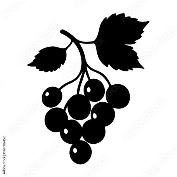 Obraz Black silhouette of a cluster of berries on a branch with leaves, isolated on a, a stylized representation of a fruit group, suitable for natural themes, harvest imagery, and healthy eating visuals