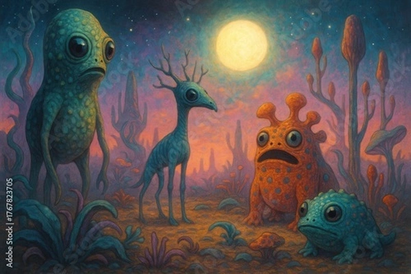 Obraz Colorful alien creatures under glowing moonlight.