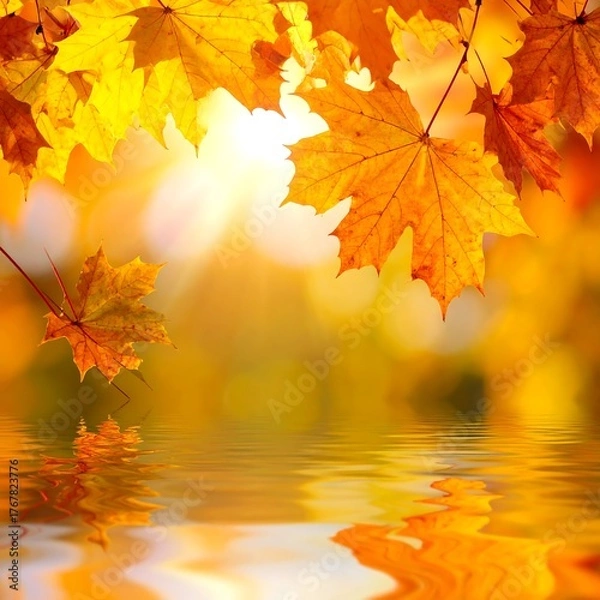 Fototapeta Golden autumn foliage reflected in calm water with bright sunlight