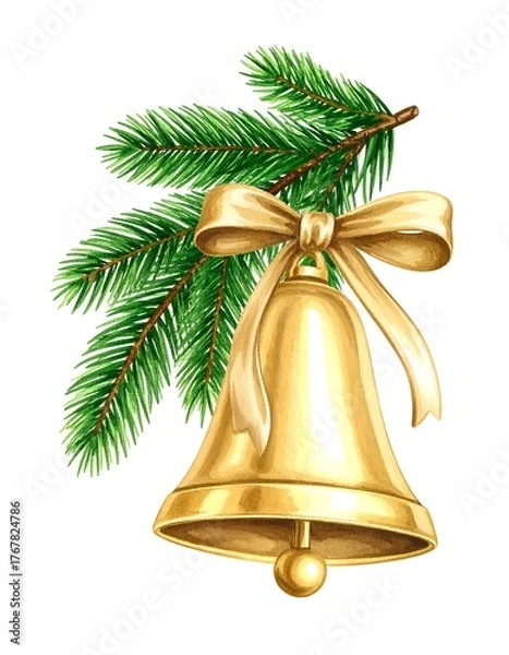 Fototapeta Golden bell tied with a bow resting on a pine branch