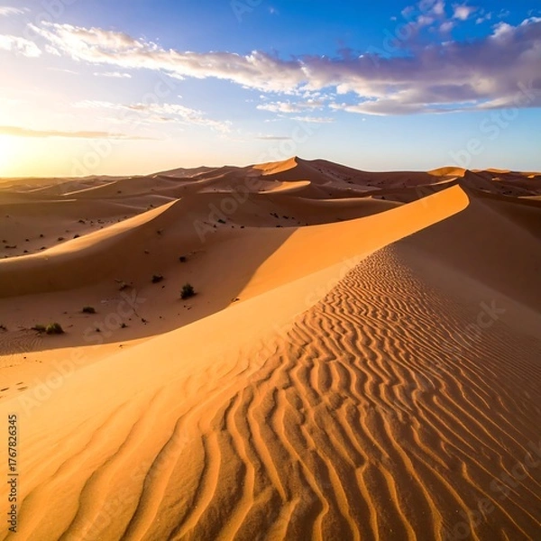 Fototapeta Golden desert landscape with rippling sand dunes under a bright sunset