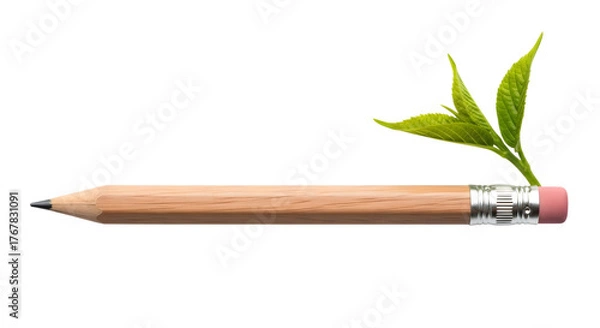 Fototapeta Wooden pencil with green sprout growing from eraser isolated on transparent background