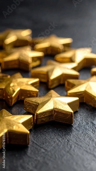 Fototapeta Golden, star-shaped objects on a dark, textured surface, angled shot