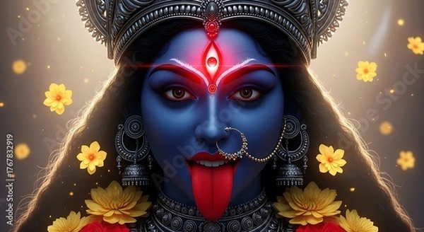 Fototapeta Powerful hindu goddess kali with third eye and floral adornments in divine light