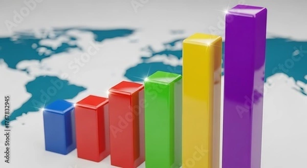 Fototapeta Colorful 3d bar graph showing upward trend over a blurred world map background