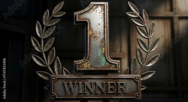 Obraz A weathered and distressed metallic number one trophy with a winner plaque and laurel wreath