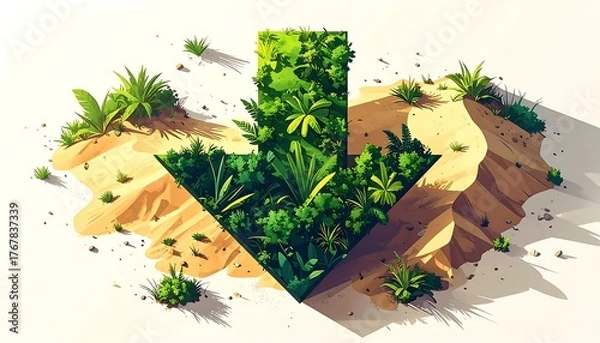 Fototapeta Graphic with a green arrow made of plants in a sandy landscape