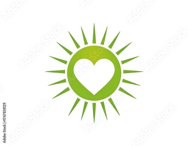 Fototapeta Green heart within a sunburst design on white background