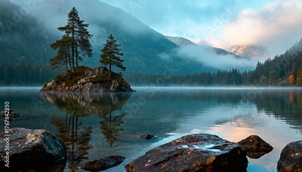Obraz Foggy mountain lake with small island and trees