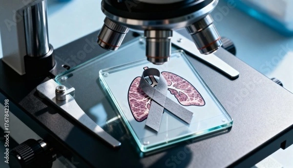 Obraz Microscope with lung awareness ribbon on glass slide