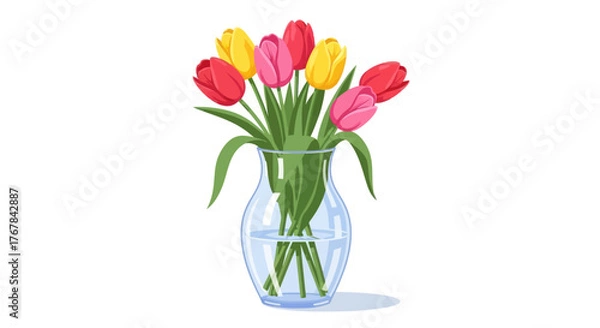 Obraz Vibrant bouquet of red pink and yellow tulips in a clear glass vase.