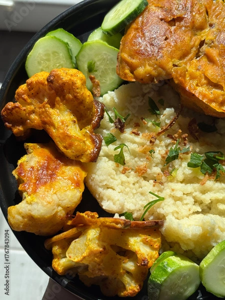 Obraz Couscous bowl with fried cauliflower and fresh cucumber