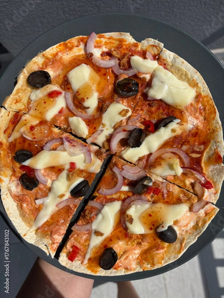 Obraz Healthy lavash pizza with cheese, olives and vegetables