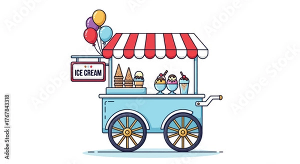 Fototapeta Charming Blue Ice Cream Cart with Striped Awning and Colorful Balloons.
