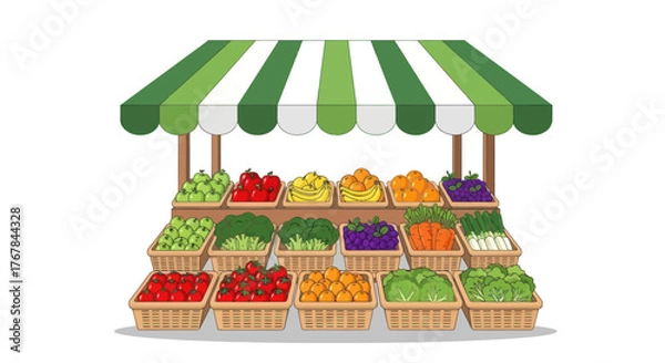 Fototapeta A colorful farmers market stall with a green and white striped awning filled with fresh fruits and vegetables in baskets.