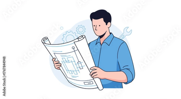 Fototapeta Architect Examining Detailed Blueprints with Focused Concentration.