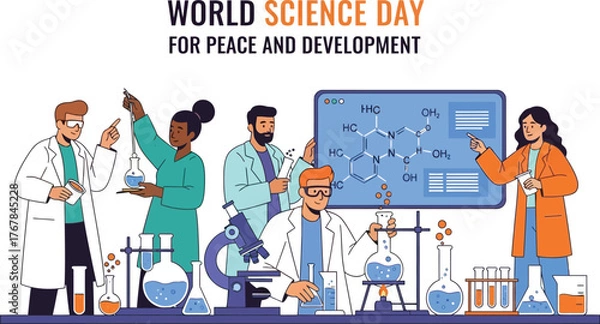 Fototapeta Diverse scientists celebrating world science day for peace and development team of researchers in lab coats