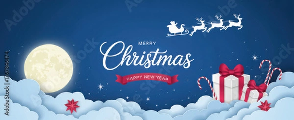 Fototapeta Winter christmas composition in paper cut style.Merry Christmas text Calligraphic Lettering and Santa Claus on the sky Vector illustration.
