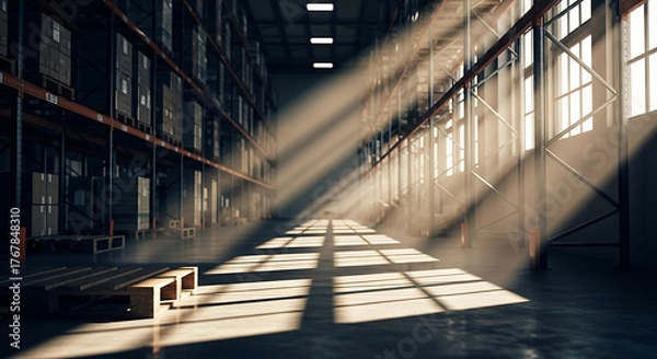 Obraz Sunlight streams dramatically through warehouse windows illuminating rows of tall shelving stacked with goods and pallets ready for distribution.