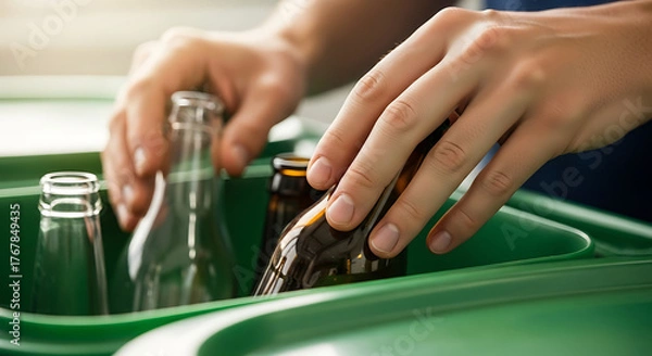 Obraz Hands carefully sort glass bottles into a vibrant green recycling bin, promoting environmental responsibility and sustainable living practices.