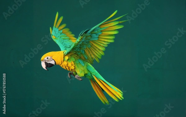 Obraz Colorful Macaw Flying with Wings Spread on Green Background