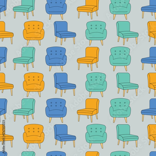Fototapeta Seamless background with colorful sofas and chairs in blue orange and green tones perfect for home decoration wallpaper textile prints and modern furniture design projects