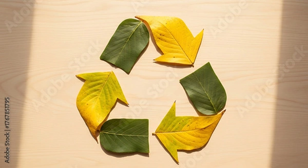 Obraz Natural recycling symbol formed by vibrant green and yellow autumn leaves on a warm wooden surface bathed in gentle sunlight