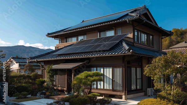 Fototapeta 日本家屋の屋根に設置された太陽光パネルの情景描写