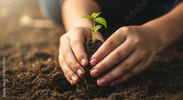 Obraz Tender hands gently cradle a young seedling with visible roots, symbolizing growth, new beginnings, and the promise of a flourishing future.