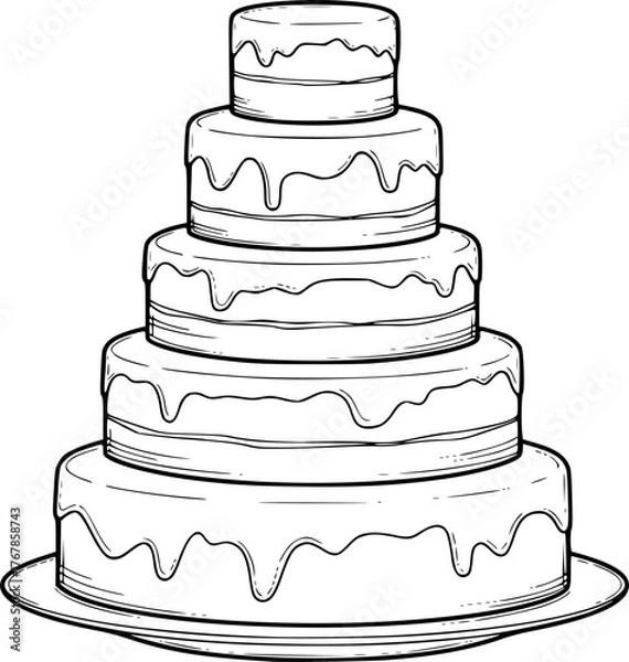 Obraz 5 layer cake drawing. It is a black and white outline of a five-layer cake or tiered dessert, presenting a simple, minimal design. Vector sketch line art draw