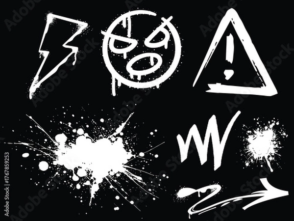 Obraz collection of white graffiti elements on a black background including a lightning bolt a smiley and an exclamation mark