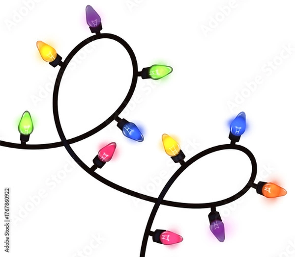 Fototapeta Glowing colorful christmas lights light bulbs isolated on transparent background. Handdrawn Christmas garlands decorations 