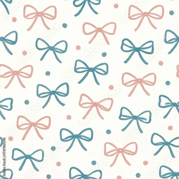 Fototapeta Cute Pattern of Bows and Dots in Pastel Colors on Light Background