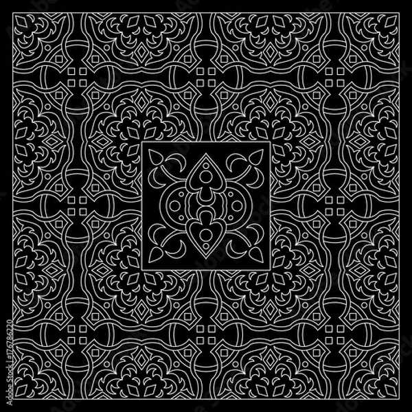 Fototapeta Black and White bandana print with tiling pattern maroccan style.Square pattern design for pillow, carpet, rug. Design for silk neck scarf, kerchief, hanky