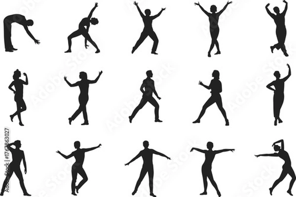 Obraz Silhouettes of dancing and stretching poses, active human movements, fitness gestures, black figures in motion, flat vector illustration design