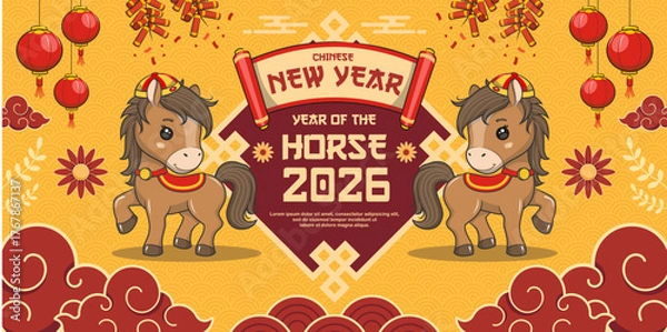 Obraz Chinese New Year 2026 With Cute Horse, Year Of The Horse, Greeting Card Or Banner Design, Vector Cartoon Illustration