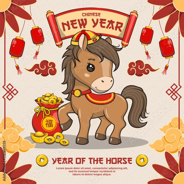 Obraz Chinese New Year 2026 With Cute Horse, Year Of The Horse, Vector Cartoon Illustration