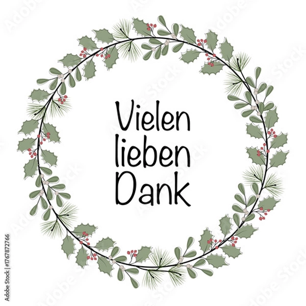 Fototapeta Vielen lieben Dank - Schriftzug in deutscher Sprache. Grußkarte mit einem Kranz aus Zweigen und Beeren.