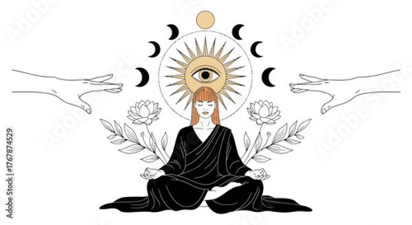 Fototapeta Mystical Woman Meditating with Celestial and Floral Elements.
