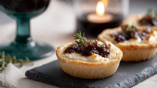Obraz Elegant mini goat cheese tarts topped with caramelized onion and fresh thyme, served on a slate board.