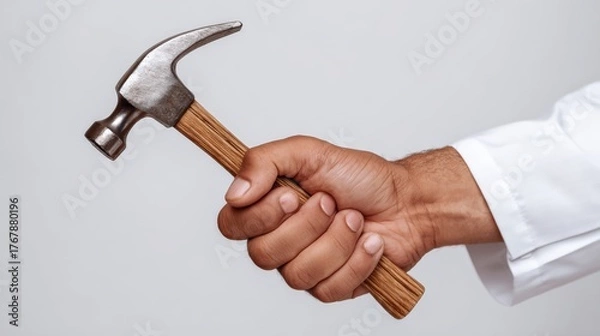 Fototapeta Hand of a skilled craftsman holding a hammer with a wooden handle, showcasing the tool's metallic head and emphasizing craftsmanship in a minimalist setting with neutral background
