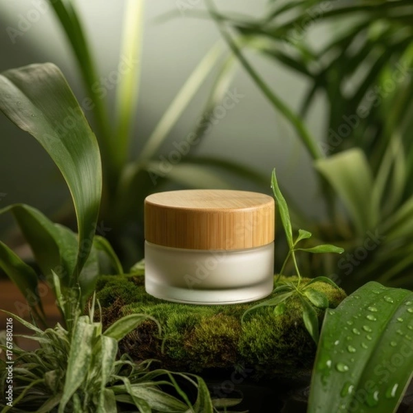Fototapeta Frosted glass face cream jar with bamboo lid surrounded by lush green plants cosmetic skincare