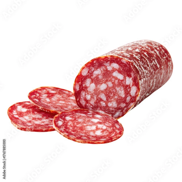 Fototapeta A traditional dry cured sausage with a few thin slices arranged in front of it on a , isolated on transparent background, perfect cutout, PNG