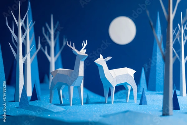 Obraz Low-Poly Paper Deer Under Full Moon – Artistic Winter Landscape