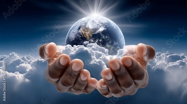 Fototapeta Hands of an african american person gently cradling the Earth, surrounded by fluffy clouds and radiant light, symbolizing care for the planet and environmental stewardship in a cosmic setting